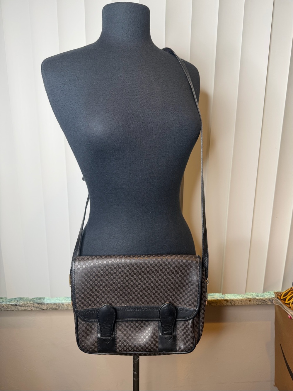 Vintage Hebe Leather Monogram Black Patterned Crossbody Messenger Bag